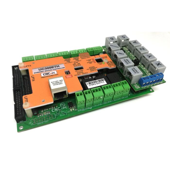 C76 UC300ETH multifunction CNC breakout board with terminal blocks, relays, and Ethernet motion controller interface