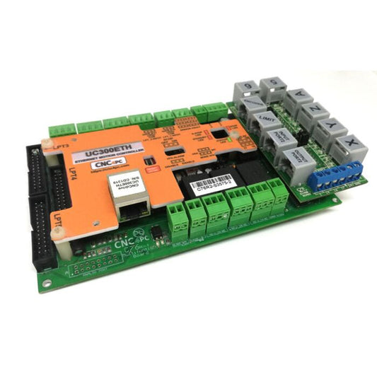 C76 UC300ETH multifunction CNC breakout board with terminal blocks, relays, and Ethernet motion controller interface