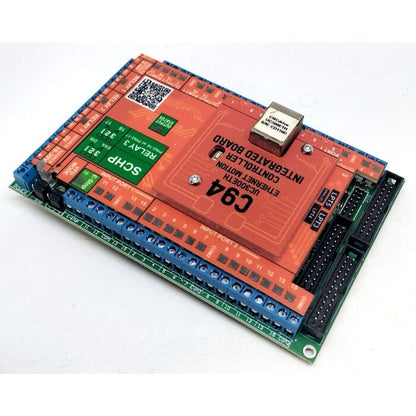 C94 UC300ETH multifunction board showing the screw terminal rows for axes, inputs, outputs, E-stop and power