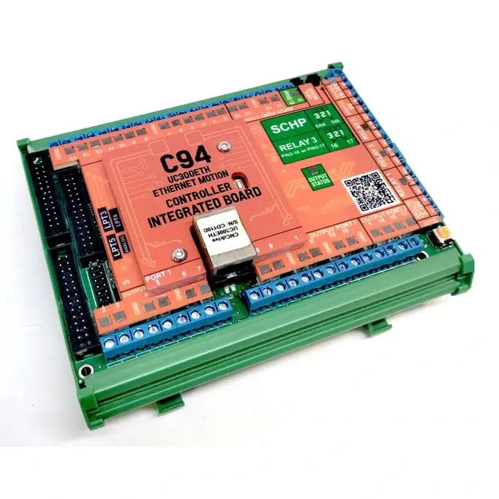 UC300ETH + C94 assembly mounted on the DIN rail support for C94 inside a CNC control cabinet