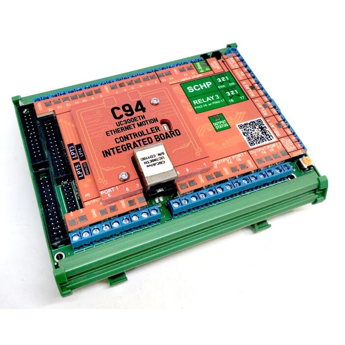 C94 UC300ETH breakout board mounted on the DIN rail support for C94 for a CNC control cabinet installation