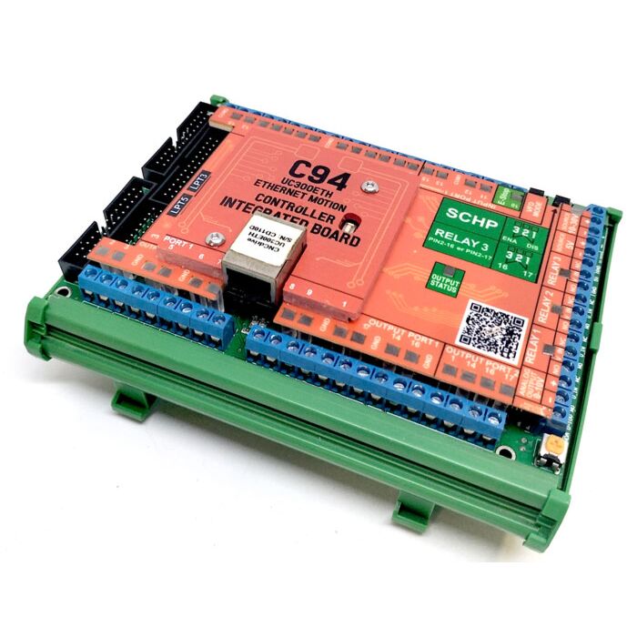 C94 CNC breakout board on a 35 mm DIN rail support with the UC300ETH Ethernet jack and status LEDs visible