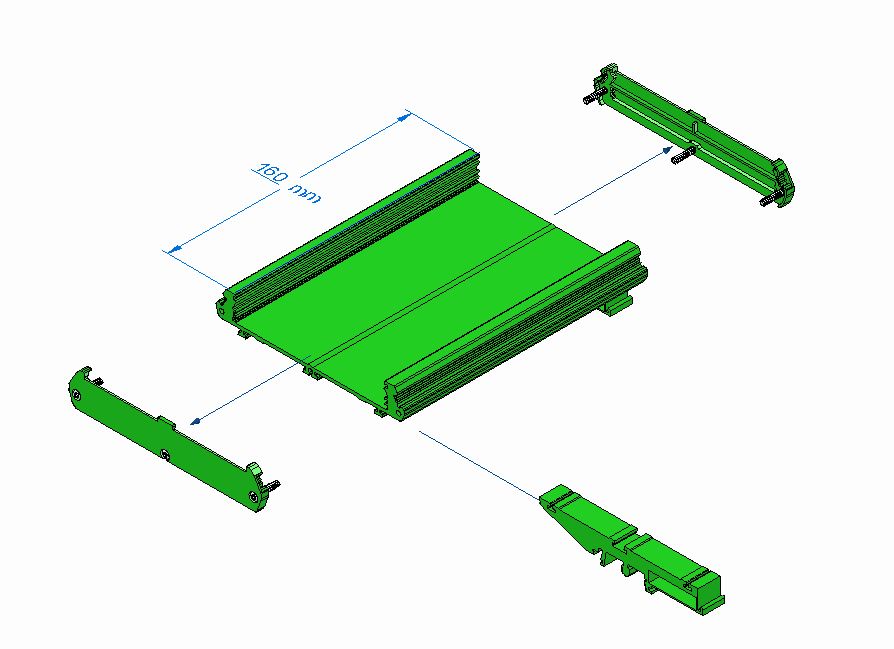 Exploded view of the DIN rail support for C76 showing the base, side rails, end caps and rail clip