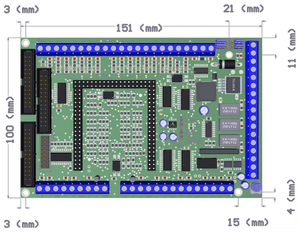 UC300ETH + C94 Ethernet CNC controller board dimension drawing in millimeters for enclosure and DIN rail mounting